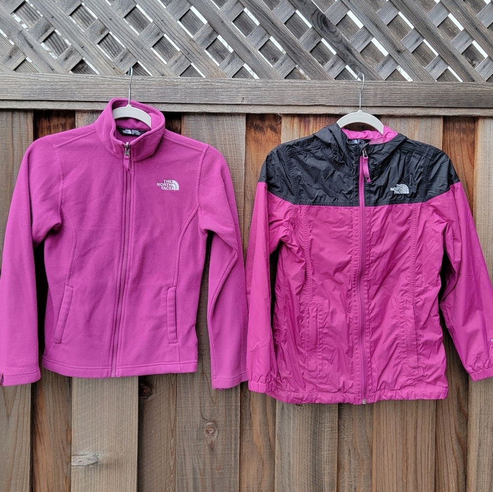 2 The North Face jackets fleece rain Size M 10/12 pink hood zipper